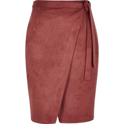 Rust brown faux suede wrap skirt